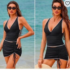 Beachsissi 2 piece halter V neck skirted swimsuit adjustable draw string skirt M